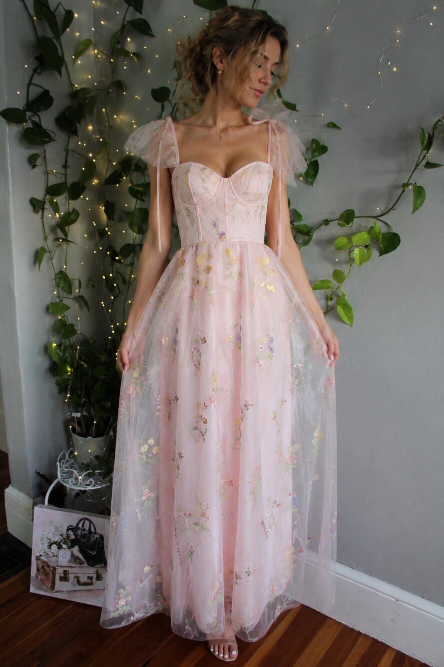 Lulus Pink Floral Embroidered Tulle Maxi Dress
